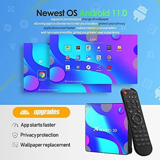 2022 Android TV Box 11.0,4GB RAM 32GB ROM RK3318 Quad- Core 3D 4K Smart Box,Support 2.4G/5.8G Dual WiFi,BT 4.1,100M Ethernet LAN X10 Streaming Video Box